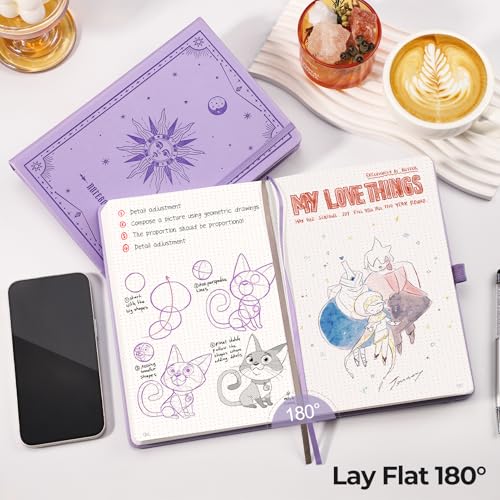 EMSHOI A5 Dotted Notebook Journal, 320 Pages 100gsm Thick Dotted Paper, Hardcover Leather Journal with Pen Holder & Inner Pocket, Dot Grid Notebook for Journaling, 5.75"x8.38", Light Purple - color: LightPurple, size: A5 Dotted
