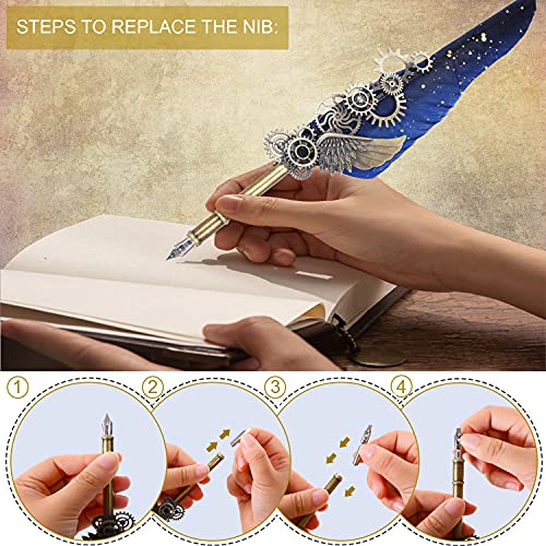 NC Feather Pen Ink Set, Quill Pen Includes 5 Bottles of Ink and 6 Replaceable Nibs, Mechanical Quill Pen for Writing, Letters, Diary, Signing, Invitations (Navy Blue) - color: Blue