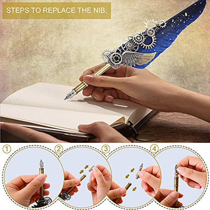 NC Feather Pen Ink Set, Quill Pen Includes 5 Bottles of Ink and 6 Replaceable Nibs, Mechanical Quill Pen for Writing, Letters, Diary, Signing, Invitations (Navy Blue) - color: Blue