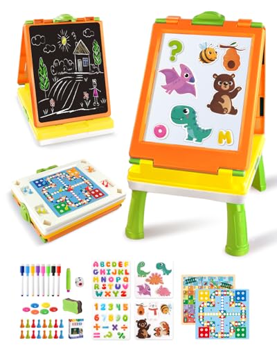 Elovien Easel for Kids, 4 in 1 Double Sided Toddler Art Easel with Chalkboard & Magnetic Whiteboard, Foldable Tabletop Easel with Drawing & Writing Accessories - Educational Gift for Boy Girl (Orange) - color: Orange