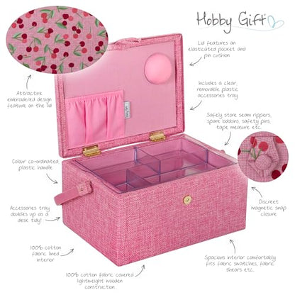 Hobby Gift Medium Sewing Box Organiser, Fabric Covered Storage Box with Handle, Internal Tray, Pin Cushion and Pocket for Sewing, Quilting and Knitting Supplies - color: Cherries