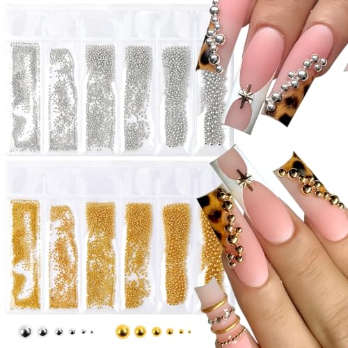Gold Nail Charms Caviar Beads for Nails Metal Mixed Size Nail Pearls Rhinestones Kit Gold Silver Caviar Beads Gems Accessories Luxurious Pearl Nail Charms and Gems for Acrylic Nails Art DIY Crafts - color: metallic