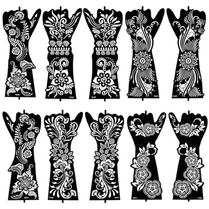 Large Henna Tattoo Stencil Kit - 10 Sheets, Reusable Adhesive Templates for Women and Girls, Indian Arabian Tattoo Stickers for Hand and Body Paint - Body Art Stencil Temporary Tattoos