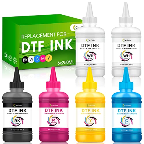 CenDale Premium DTF Ink 1500ML - DTF Transfer Ink for PET Film, Refill DTF Ink for Epson ET-8550, L1800, L800, R2400, P400, P800, XP15000, Heat Transfer Printing Direct to Film (250ml x 6, CMYK Wh) - color: 2 White,CMYK, style: DTF Ink