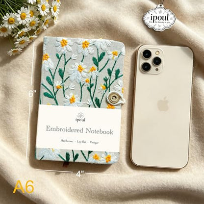 Pocket Journal, Small Notebook, A6 Sketchbook, 4x6 Notebook Unlined, Flower Embroidered Notebook, Blank, Hardcover, Lay Flat, Beautiful Journal, Daisy Gifts for Women, White Daisy - color: A6-button-white, style: Plain
