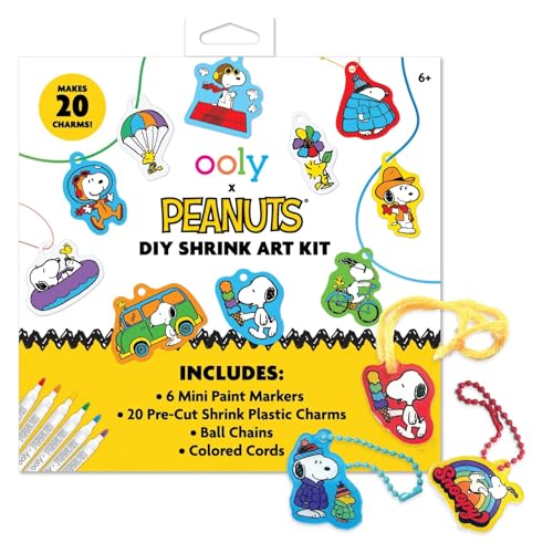 Ooly x Peanuts Snoopy 34 PC DIY Shrinking Art Kit for Kids with Markers, 20 Plastic Pre Cut Charms and More, No Mess Creative Activity Jewelry Making Kit - color: Peanuts Snoopy & Woodstock