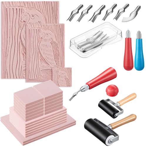 Gaillty Linocut Kit for Beginners, Carving Blocks & Tools Set for DIY Printmaking, 12 Pcs 2'' x 2'', 6 Pcs 4'' x 6'', 2 6'' x 8'' Blocks 3 Sizes for Practice & Creative Projects (Ink Not Included)