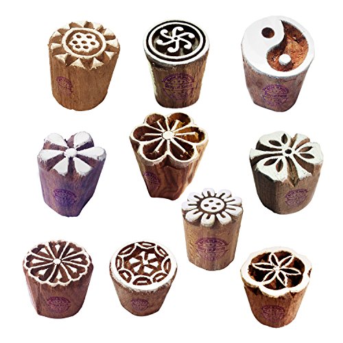 Mehndi Wood Blocks Elegant Small Floral Round Shape Printing Stamps (Set of 10) - color: Htag2116