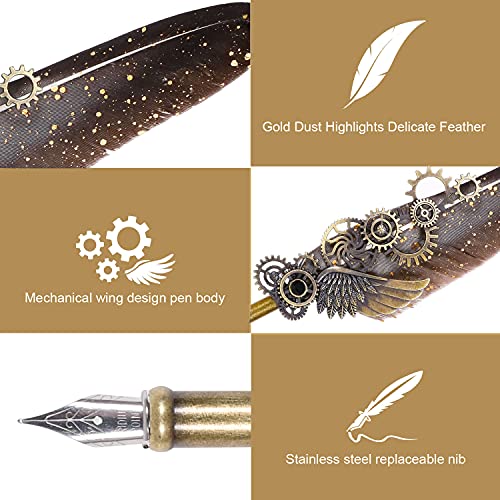 NC Feather Quill Pen Set - Includes 5 Ink Bottles, 6 Nibs, Mechanical Quill Pen for Calligraphy, Writing Letters, Signing, Invitations Etc (Grey) - color: Grey