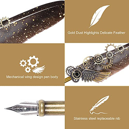 NC Feather Quill Pen Set - Includes 5 Ink Bottles, 6 Nibs, Mechanical Quill Pen for Calligraphy, Writing Letters, Signing, Invitations Etc (Grey) - color: Grey
