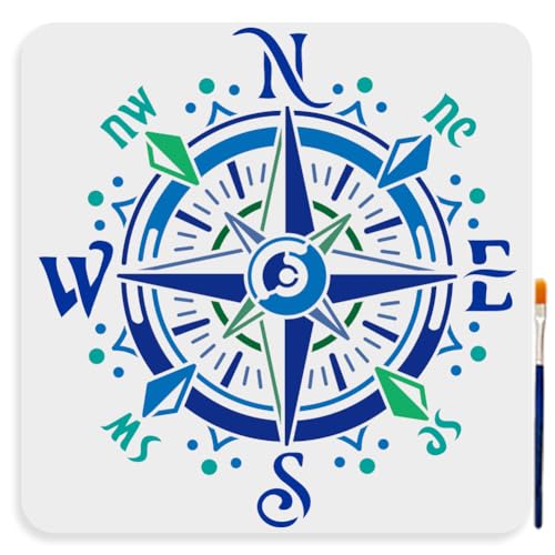 MAYJOYDIY Compass Stencil 11.8×11.8inch Large Compass Rose Stencil Template with Paint Brush Reusable Nautical Journey Travel Tool Stencil for Painting on Furniture Wood Canvas Paper Wall - color: Compass Rose