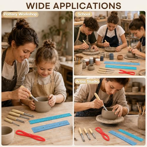 7Pcs Pottery Tools Set Includes Clay Sculpture Ceramic Shrinkage Scale Ruler, Standard Ruler, Bent-Leg Plastic Caliper, Stainless Steel Circular Clay Hole Cutters for Carving Shaping Modeling Drilling
