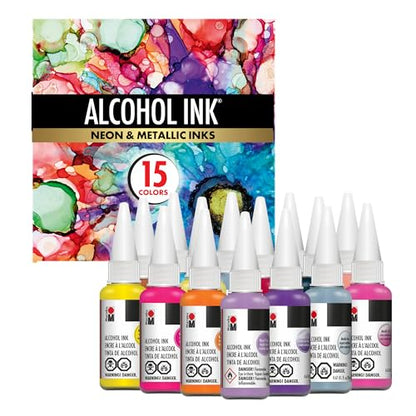 Marabu Alcohol Ink Neon & Metallic Bundle – 15 Bold Colors, Alcohol Inks for Resin, DIY Crafts & More