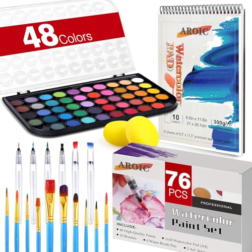 Watercolor Paint Set, 48 Color Watercolor with 10 PCS Nylon Brushes,6 PCS Refillable Water Brush Pen, 10 Page Pad(A4) and 2 PCS Art Sponges. Watercolor Paint set for Adults,Children Age 12+ and Beginners - color: 48 watercolor paint set