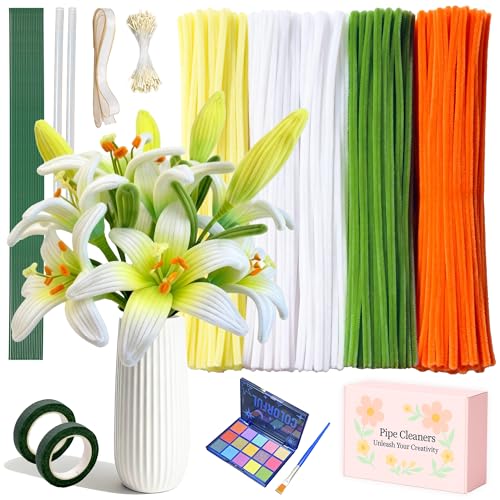 500 Pcs Pipe Cleaners Craft Bulk,4 Assorted Colors Chenille Stems for DIY Flower Making Kit with Floral Wire, Gardening Tape, Stamen & Ribbon, Pipe Cleaners Flowers, Arts and Craft Supplies for Kids - color: white