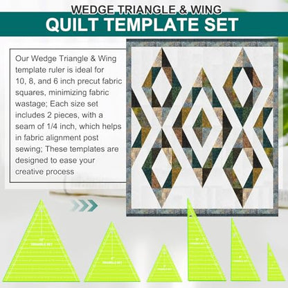 Kigley 3 Set Tall Triangle Rulers for Quilting 6 8 10 Inch Wedge Triangle & Wing Quilting Rulers and Templates Acrylic Quilt Templates for Sewing Layer Cake Patchwork Cutting Pattern DIY Craft (Green) - color: Green