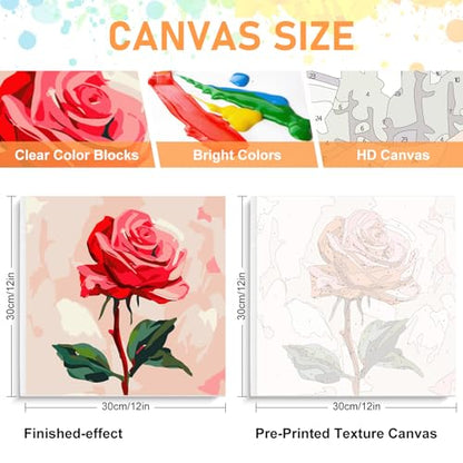 Offito Framed Paint by Numbers Kit for Adults Beginners & Kids Ages 8-12, Rose Flower Acrylic Easy Paint by Number with Frame, Number Painting Kits on Canvas Framed (12 * 12 Inch, Without Easel) - color: BOP1PF12, size: 12 x 12 Inch