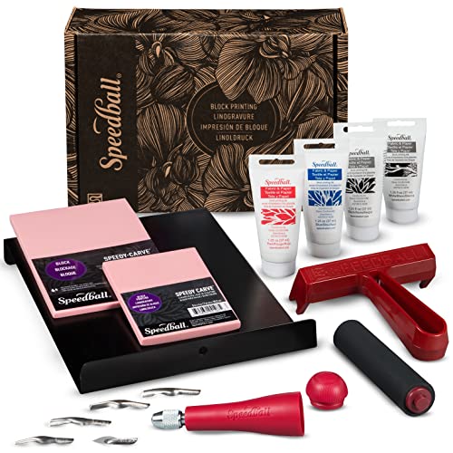 Speedball Deluxe Linocut Block Printing Kit, for Fabric, 14 Pieces, Includes Inks, Brayer, Bench Hook, Lino Handle and Cutters, Speedy-Carve Relief Blocks - size: Deluxe Block Fabric Kit