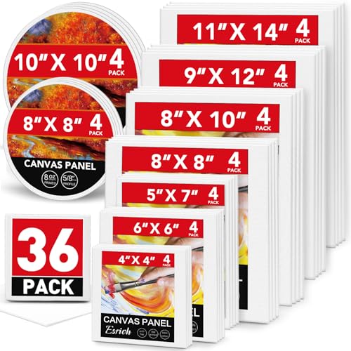 ESRICH Canvases for Painting, 36 Pack Canvas Boards 4x4, 6x6, 8x8, 5x7, 8x10, 9x12, 11x14, Round Canvas Panels with 8x8,10x10-Cotton Primed Blank Large Canvases for Acrylic, Oil, Gouache & Tempera. - style: 36 Packs Canvas Panel - 9 Sizes(4 of Each)