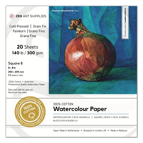 Watercolor Paper Block 8x8 in – ZenART 100% Cotton Watercolor Paper, Cold Pressed 140 lb / 300 GSM, Acid-Free, 20 Sheets, Thick Absorbent, Artist Grade for Water Color, Gouache and Other Wet Media - size: 8"x8" Square 8
