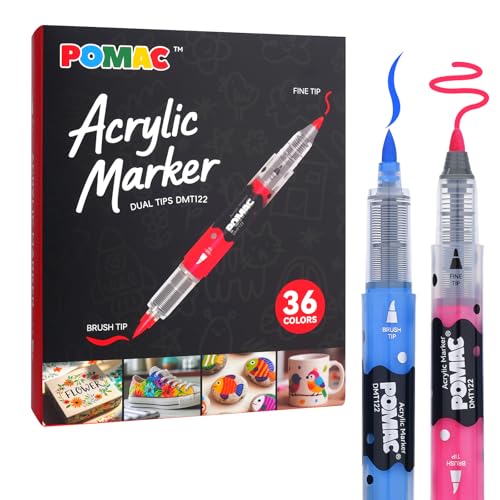 POMAC Dual Tip Acrylic Paint Markers Pens 36 Assorted Colors, Direct Liquid Acrylic Marker with Brush & Fine Tip, Water-Based Paint Marker for Fabric, Canvas, Rock, Glass, Wood, Crafts, Art Supplies - color: 36 Colors