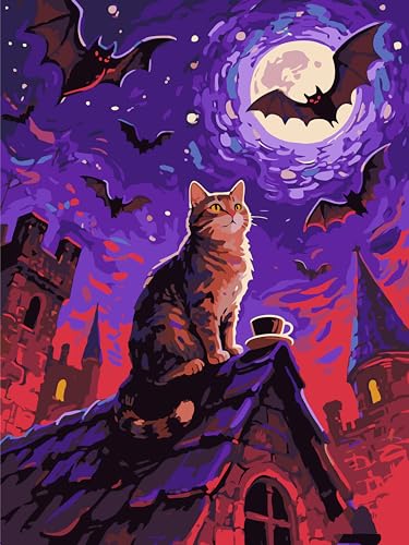 PSENIW Paint by Numbers Kit for Adults,Cat Color by Numbers for Adults,Bat DIY Acrylic Watercolor Oil Painting,Abstract Starry Night Cat Number Painting Suitable for Home Wall Decoration (16x20 in) - color: Orange
