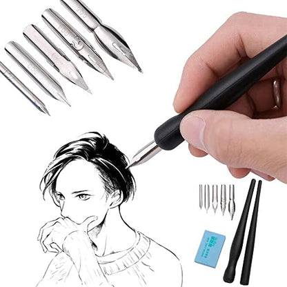 Estink Manga Cartoon Comic Dip Pen Set, Calligraphy Pens with 2 Pen Holders and 5 Replacement Nibs for Drawing Painting