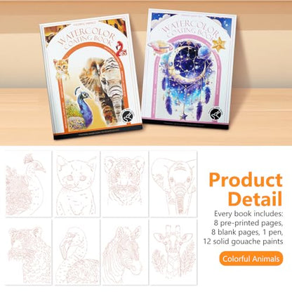2-Pack Watercolor Painting Books for Adults & Beginners - All-in-One Creative Stress Relief Art Kit with 3-Fold Pad, 32 Pre-Printed Pages, 24 Colors & 2 Brushes (Animal + Starry Fairyland) - color: Animal + Starry Fairyland