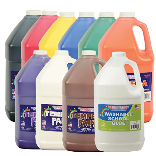 Constructive Playthings Kids 9-Color Tempera Paint Gallons and Washable School Glue Gallon Set, Washable Paints and Glue for Classrooms