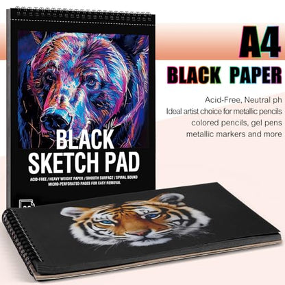 30 Sheets Black Paper Sketchbook, 98lb/160gsm Heavyweight Black Sketch Pad 8.3×11.7in, Acid-Free Drawing Paper, Spiral Bound Sketch Book for Kids, Teens, Artist - size: 8.3×11.3 Inch (1 pack)