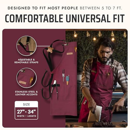Asaya Chef and BBQ Apron with Bottle Opener and Hand Towel - 10oz Cotton Canvas, Stainless Steel Hardware - Cross Back Straps - color: Red