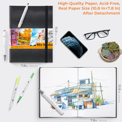 Ohuhu Mix Media Pad - 10.8" x 7.8" Mixed Media Art Sketchbook, 120 LB/200 GSM Heavyweight Papers, 78 Sheets/156 Pages, PU Hardcover Mixed Media Paper Pad for Acrylic Painting Christmas Gift - size: 10.8" × 7.8"