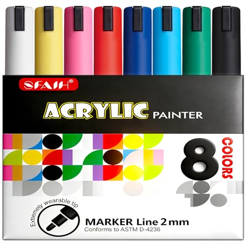 SFAIH Acrylic Creative Markers - 3mm Replaceable Nibs 8 Colors, Large Ink Capacity, Ultra-High Coverage, Non-Bleeding Water-Based Ink, Drawing Markers for Art Supplies, Wood, Fabric, Rock Painting - color: 8 Colors