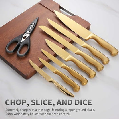 15-Piece Gold Kitchen Knife Block Set with Sharpener, Stainless Steel Knives Set for Kitchen, Chef Gold Kitchen Knife Sets with Scissors, Steak Knives - color: Gold