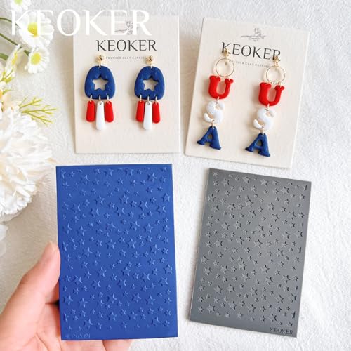 KEOKER Polymer Clay Texture Sheets, Stars Clay Texture Mat, Polymer Clay Earrings Tools on Independence Day or 4th of July, Like Polymer Clay Rollers, Great Work with Polymer Clay Cutters (Stars)