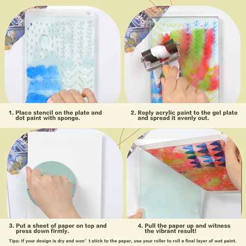 BuzzBright Gel Printing Plate kit, Complete Printmaking Set with 8”X10” Gelatin Plate, Brayer, Printmaking Paper, Acrylic Paint and Essential Tools for Mixed Media Art, Monoprinting, Card Making