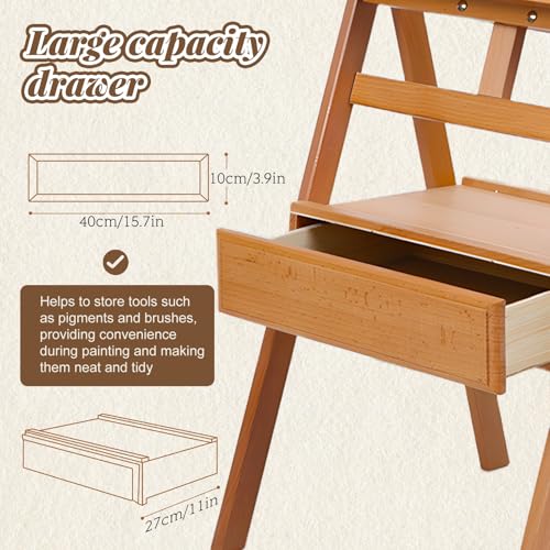 H Frame Easel with Drawer, French Style Artist Easel Solid Beech Wood Adjustable Height 59" to 75" Painting Canvas Holder Stand Tilts Flat Easels for Oil Painting Studio Classroom Adult Kids Wooden C