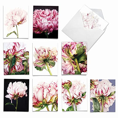 The Best Card Company - 10 Boxed Note Cards with Flowers - Blank Assorted Floral Notecards Bulk (4 x 5.12 Inch) - Precious Peonies AM6279OCB-B1x10 - style: Precious Peonies
