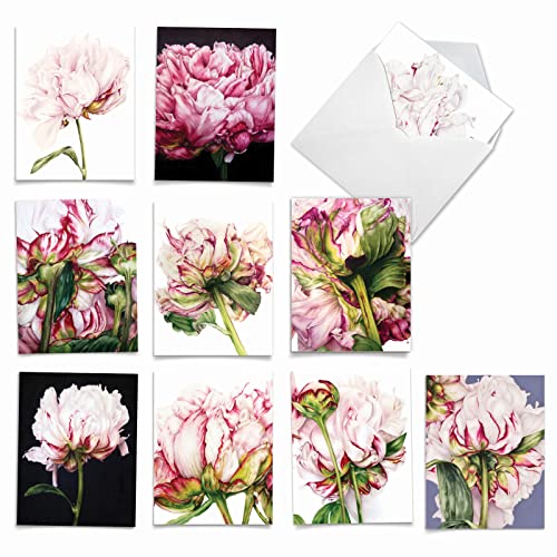 The Best Card Company - 10 Boxed Note Cards with Flowers - Blank Assorted Floral Notecards Bulk (4 x 5.12 Inch) - Precious Peonies AM6279OCB-B1x10 - style: Precious Peonies