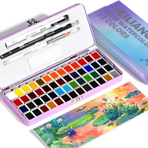 52 Colors Watercolor Paint Set for Adults, Vibrant Travel Water Colors Kit with Metallic Shades, Includes Brush, Pencil, Sponge, 5 Watercolor Papers & Black Pen, Portable, Purple Case - style: Purple Case