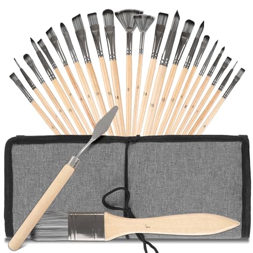 Paint Brushes Set of 25 Pcs with Scraper and Flat Brush, Wooden Handle Artist Painting Kit for Acrylic, Oil, Watercolor, Gouache, Include Canvas Cloth Bag (Wood) - color: Wood