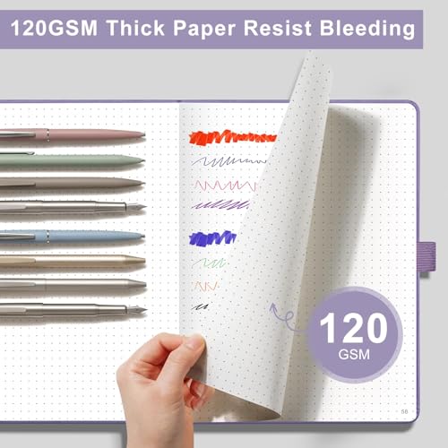 AHGXG Dotted Journal Notebook, 160 Numbered Pages, A5 Medium Size (5.7'' x 8.3''), 120 GSM Thick Paper, Leather Hardcover, for Journaling, Planning, Tracking (Light Purple) - color: Light Purple, style: Dotted