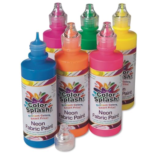 S&S Worldwide Color Splash! Neon Dimensional Fabric Paint Assortment, 6 Bold Colors, 4-oz Squeeze Bottles With Precision Tips, Create 3-D Designs on Fabric, Vinyl, Wood, and More, Non-Toxic Pack of 6
