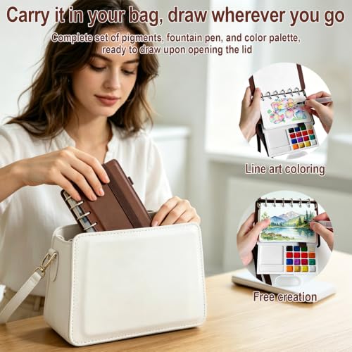 Travel Watercolor Set, 16 Colors Standard (8 Matte & 8 Shimmer), Pocket Paint Set with 30-Sheet 300G Cotton Sketchbook, Detachable Palette, Water Cup & Water Brush, Brown - color: Brown