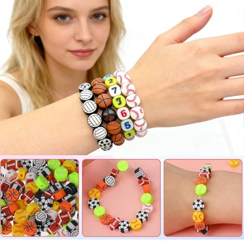 1000PCS Polymer Clay Beads for Bracelet Making, 24 Style Sports Charms incl. Baseball Basketball Soccer Football Rugby Volleyball, DIY Jewelry Making Supplies Kit - color: C+Style