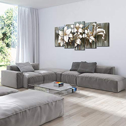 KREATIVE ARTS 5 Panel Flowers Canvas Wall Art Modern Wrapped Floral Artwork Giclee Canvas Prints White and Grey Tulip Paintings on Canvas Ready to Hang for Living Room (Large Size 60x32inch)