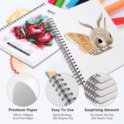 4 Pack Mixed Media Sketchbook, 9x12 inches Drawing Paper Sketch Book, 98lb/160gsm Heavyweight Spiral Bound Sketch Pads, Suitable for Wet and Dry Media, Drawing, Painting, Sketching(200 Sheets) - color: fruit, size: 9 x 12 inch (4 pack)