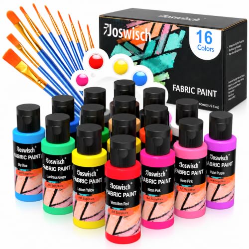 Fabric Paint, 16 Colors Fabric Paint Set For Clothes, Permanent Soft Fabric Paint in Bottles(2oz) with 10 Brushes and Palette, Non-Toxic Textile Paint for T-shirt , Shoes, Jeans , Bags & DlY Projects - size: 2 Fl Oz (Pack of 16)