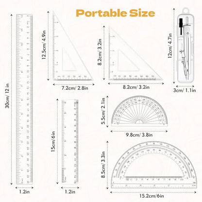 Geometry Set - 7Pcs Geometry Kit with Clear Plastic Ruler 12Inch & 6Inch, Triangle Ruler, Protractor and Compass Set for School Office Math Drawing Drafting Engineering Architecture Art