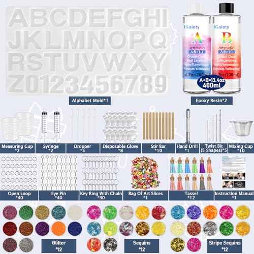 IGaiety Backward Alphabet Mold Resin Kit for Keychain | Epoxy Kit with Alphabet Mold, 2-Part Odorless Resin & 206 Pcs. Create Glossy, Bubble-free Custom Jewelry, Arts & Crafts - size: Alphabet 200ml
